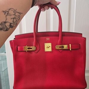 Hermes Red Leather Satchel with Gold Hardware
